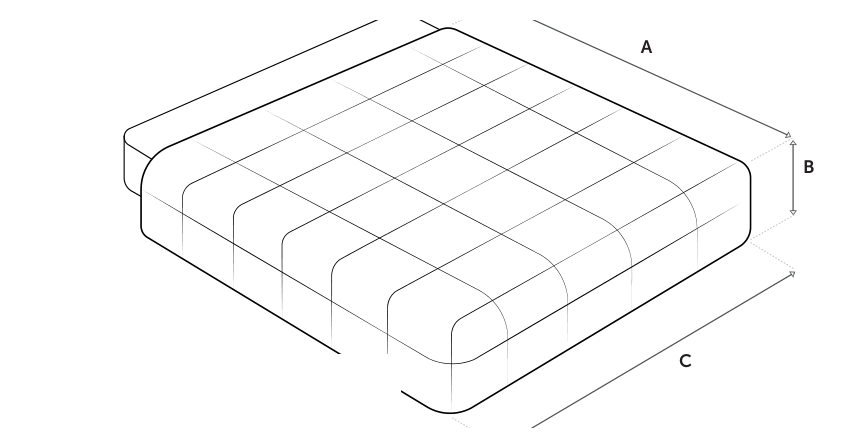 Disegno tecnico del piumino con i punti di misura A, B e C